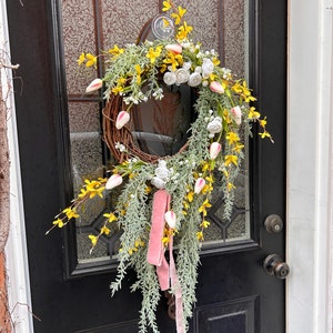 Rosemary and Tulip Floral farmhouse wreath, asymmetrical wreath, victorian wreath, pink floral wreath, Romantic wreath, trailing greenery image 8