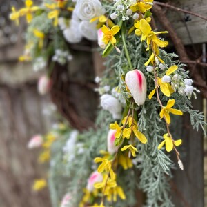 Rosemary and Tulip Floral farmhouse wreath, asymmetrical wreath, victorian wreath, pink floral wreath, Romantic wreath, trailing greenery image 4