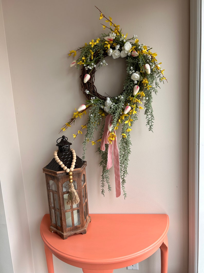 Rosemary and Tulip Floral farmhouse wreath, asymmetrical wreath, victorian wreath, pink floral wreath, Romantic wreath, trailing greenery image 10