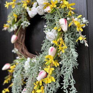 Rosemary and Tulip Floral farmhouse wreath, asymmetrical wreath, victorian wreath, pink floral wreath, Romantic wreath, trailing greenery image 2