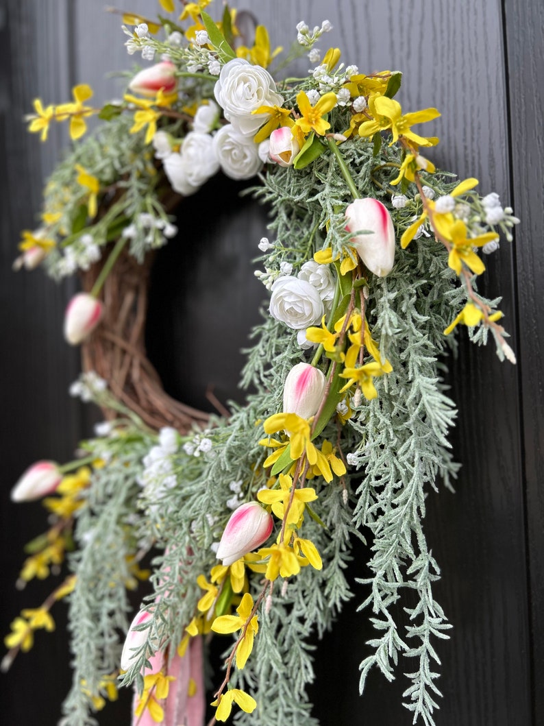 Rosemary and Tulip Floral farmhouse wreath, asymmetrical wreath, victorian wreath, pink floral wreath, Romantic wreath, trailing greenery image 2