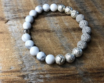 Howlite Grey Silver Lava Stone Stretch Bracelet,Aromatherapy Jewelry, Diffuser Jewelry, Motivational, third Eye chakra, diffuser bracelet