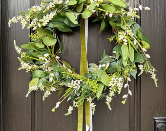 Spring Lily of the Valley green wreath, Eucalyptus and white floral wreath, cottage core Wreath, Victorian style Wreath, Wild look wreath,