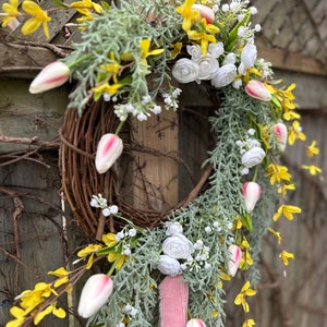 Rosemary and Tulip Floral farmhouse wreath, asymmetrical wreath, victorian wreath, pink floral wreath, Romantic wreath, trailing greenery image 7