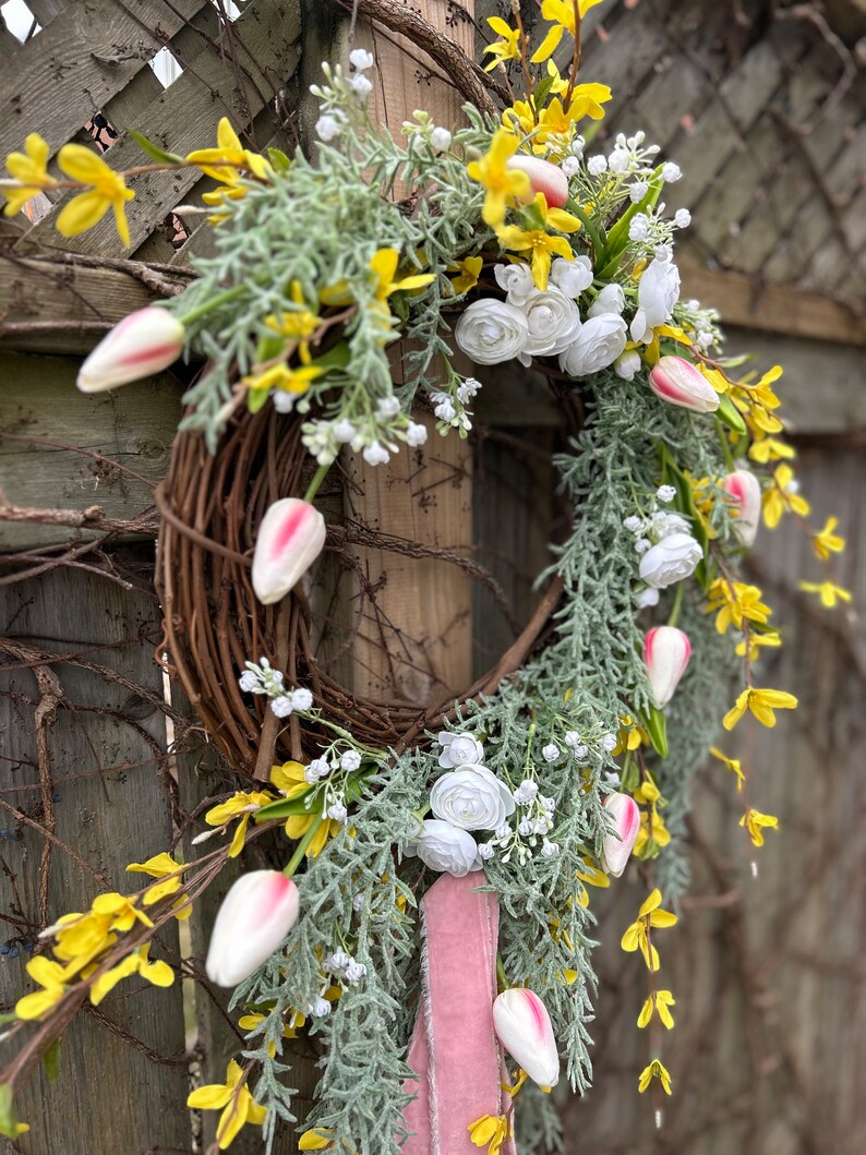 Rosemary and Tulip Floral farmhouse wreath, asymmetrical wreath, victorian wreath, pink floral wreath, Romantic wreath, trailing greenery image 7