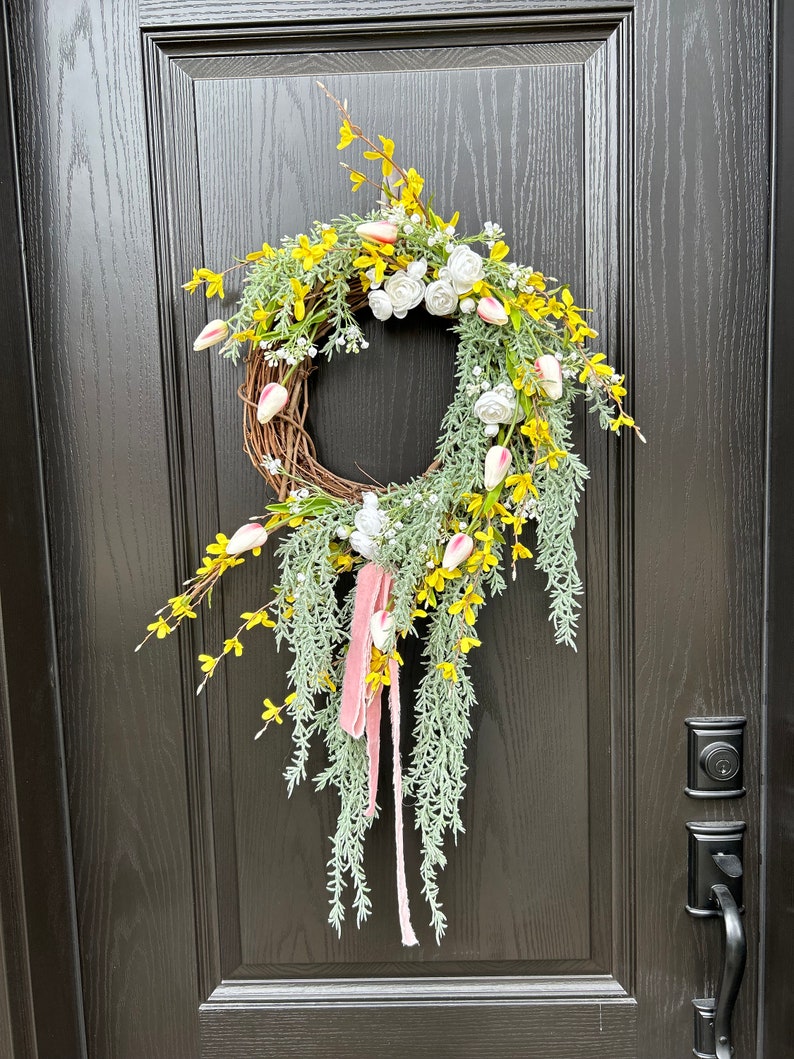 Rosemary and Tulip Floral farmhouse wreath, asymmetrical wreath, victorian wreath, pink floral wreath, Romantic wreath, trailing greenery image 3