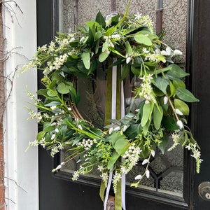 Rosemary and Tulip Floral farmhouse wreath, asymmetrical wreath, victorian wreath, pink floral wreath, Romantic wreath, trailing greenery image 9