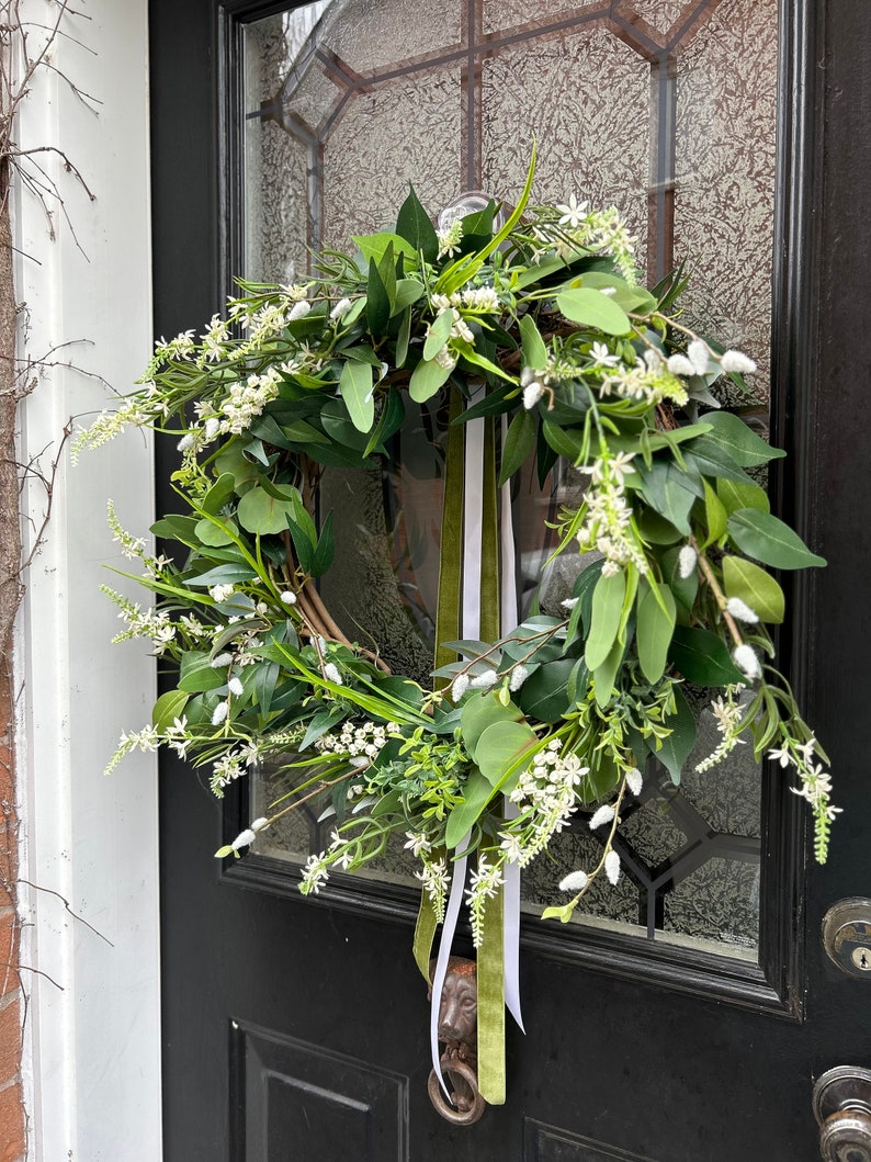 Rosemary and Tulip Floral farmhouse wreath, asymmetrical wreath, victorian wreath, pink floral wreath, Romantic wreath, trailing greenery image 9