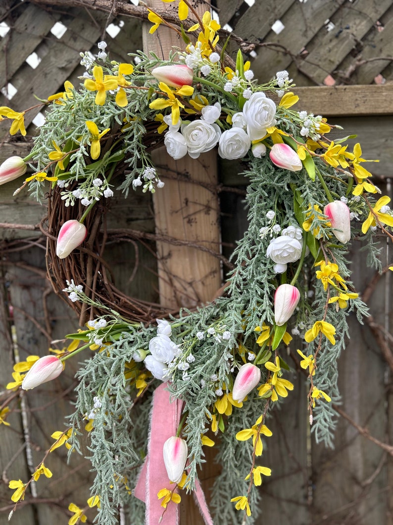 Rosemary and Tulip Floral farmhouse wreath, asymmetrical wreath, victorian wreath, pink floral wreath, Romantic wreath, trailing greenery image 5