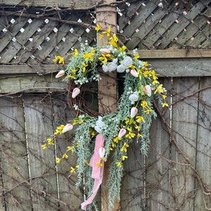 Rosemary and Tulip Floral farmhouse wreath, asymmetrical wreath, victorian wreath, pink floral wreath, Romantic wreath, trailing greenery image 6