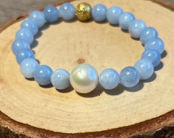 Malaysia Blue Jade Stretch Bracelet, Freshwater Pearl Bracelet, Gold plated lava stone, Stacking bracelet, Boho Bracelet