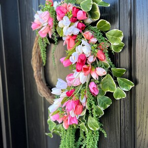 Spring Tulip wreath, cottage core,  Pink and White Wreath, Door Wreath, Spring front door Wreath, Bright Wreath, multi colour wreath