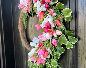 Spring Tulip wreath, Mother's Day gift, cottage core,  Pink and White Wreath, Door Wreath, Spring front door Wreath, Bright Wreath