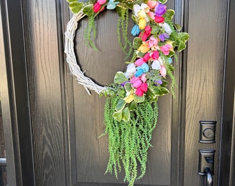 Spring Tulip wreath, Mother's Day gift, cottage core,  Colourful Wreath, Door Wreath, Spring front door Wreath, Bright Wreath