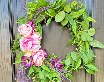 Spring Wreath for front door, cottage style wreath,