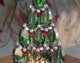 Czech Glass & Vintage Rhinestone Christmas Tree Pin Brooch signed LaHeir