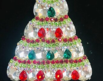 Red, Green & Clear Glass Vintage Rhinestone Christmas Tree Pin Signed LaHeir