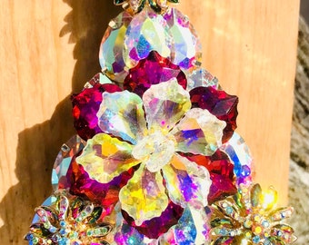 Vintage Rhinestone Christmas Tree Brooch Pin Signed LaHeir Fuschia Swarovski Crystal