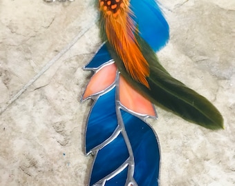 Beautiful Art Stained Glass Feather Suncatcher Sun Catcher W/ Real Feather