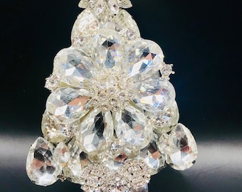 Vintage Rhinestone Christmas Tree Brooch Pin Signed LaHeir Crystal Clear Elegance