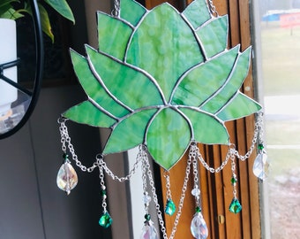 Exquisite Lotus Flower Suncatcher Stained Glass Sun Catcher Lotus Flowers Czech Glass Beads Stunning Vitrail Green Glass