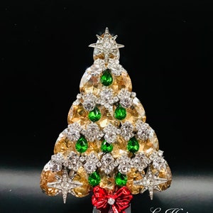 Vintage Rhinestone Christmas Tree Brooch Pin Signed LaHeir Gorgeous Amber Glass