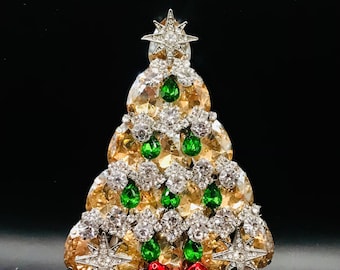 Vintage Rhinestone Christmas Tree Brooch Pin Signed LaHeir Gorgeous Amber Glass