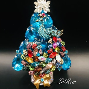 Vintage Rhinestone Christmas Tree Brooch Pin Signed LaHeir Colorful Peacock Bird