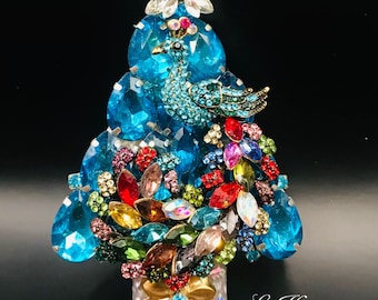 Vintage Rhinestone Christmas Tree Brooch Pin Signed LaHeir Colorful Peacock Bird