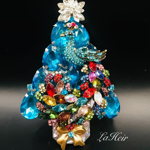 Vintage Rhinestone Christmas Tree Brooch Pin Signed LaHeir Colorful Peacock Bird