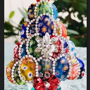 Vintage Rhinestone & Millefiori Glass Christmas Tree Pin Brooch or Hanging Ornamnent