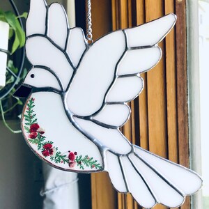 White Dove Bird Stained Glass Suncatcher With Genuine Dried Flowers Sun ...