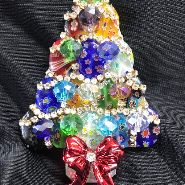 Vintage Millefiori Glass & Rhinestone Christmas Tree Pin Brooch Signed LaHeir