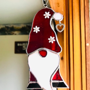 Stained Glass Christmas Gnome Tree Ornament w/ Rhinestones