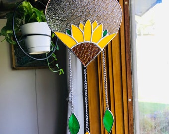 SUNFLOWER Stained Glass Wind Chime Sun Catcher Windchime Suncatcher By LaHeir Double Layer Heart Design