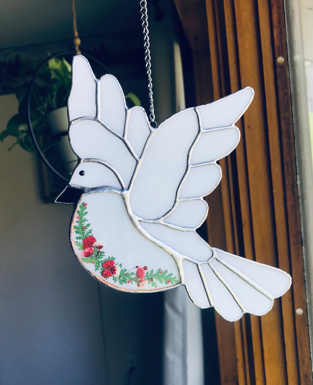White Dove Bird Stained Glass Suncatcher With Genuine Dried Flowers Sun ...