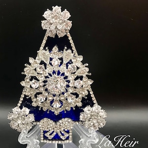 Vintage Rhinestone Christmas Tree Brooch Pin in Stained Glass Signed LaHeir