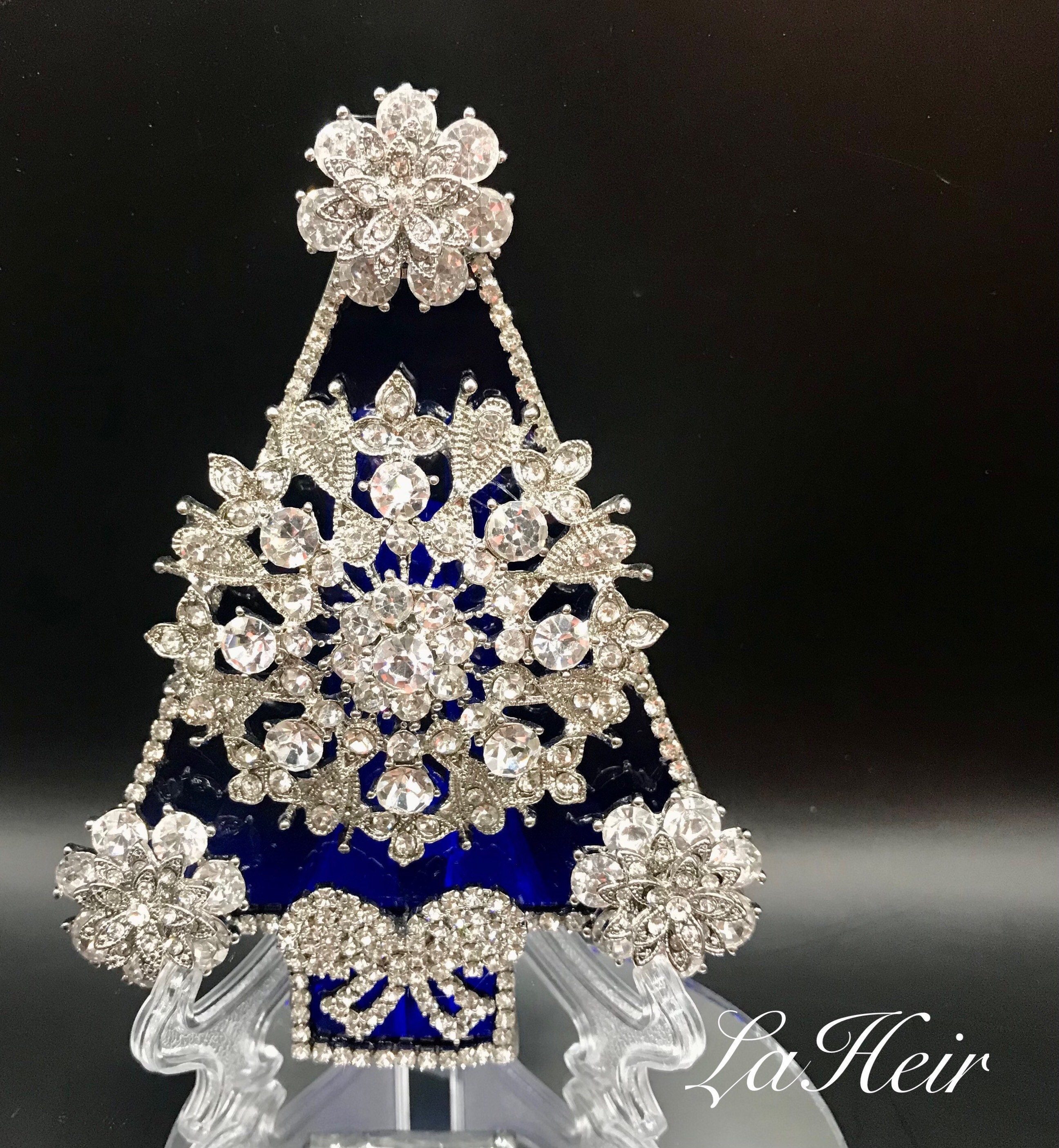 Vintage Rhinestone Christmas Tree Brooch Pin in Stained Glass Signed LaHeir