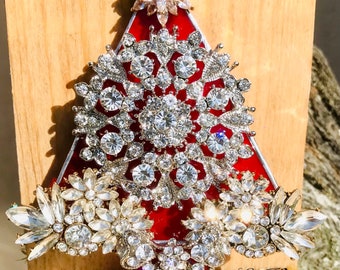 Vintage Rhinestone Christmas Tree Brooch Pin Signed LaHeir Exquisite Rhinestones on Stained Glass