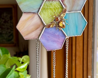 Bee Honeycomb Wind Chimes Sun Catcher in Stained Glass Pastel Color Honeycombs Rhinestone Bumblebees Bee