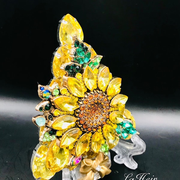 Vintage Rhinestone Christmas Tree Brooch Pin Signed LaHeir Sunflower Sunflowers