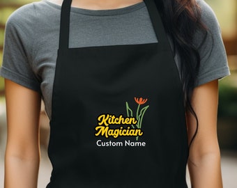 Personalized Embroidered Apron Custom Name Apron Women Apron Flower Embroidery Apron Gift Adjustable Apron Kitchen Women Black Apron Cooking