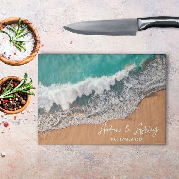 Personalized Glass Cutting Board Custom Tempered Glass Charcuterie Board Cheese Board Wedding Gift Housewarming Engagement Gift Couple-Ocean