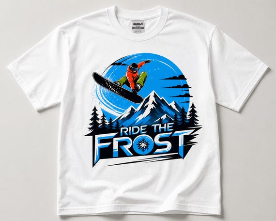 Snowboard T Shirt Ride The Frost, Snowboarding Tee, Winter Sports Shirt, Mountain Graphic Tee, Snowboard Gift, Ski Apparel