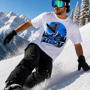 Snowboard T Shirt Ride The Frost, Snowboarding Tee, Winter Sports Shirt, Mountain Graphic Tee, Snowboard Gift, Ski Apparel image 3