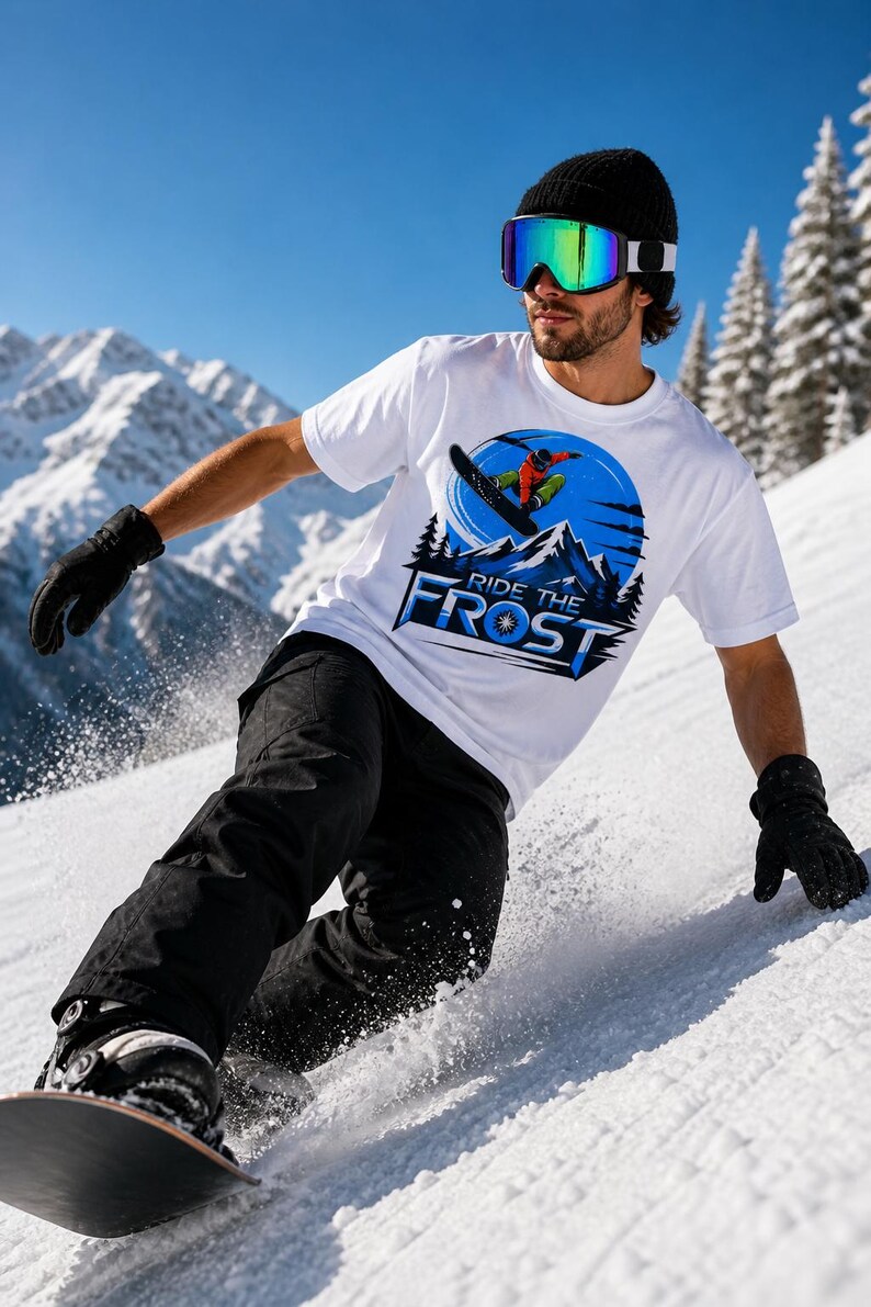 Snowboard T Shirt Ride The Frost, Snowboarding Tee, Winter Sports Shirt, Mountain Graphic Tee, Snowboard Gift, Ski Apparel image 3