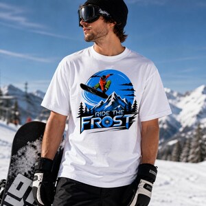 Snowboard T Shirt Ride The Frost, Snowboarding Tee, Winter Sports Shirt, Mountain Graphic Tee, Snowboard Gift, Ski Apparel image 4