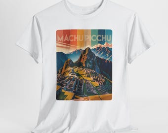 May include: White t-shirt featuring a colorful graphic of Machu Picchu, with the text "MACHU PICCHU" in a retro font. The design includes a mountain landscape with vibrant colors.