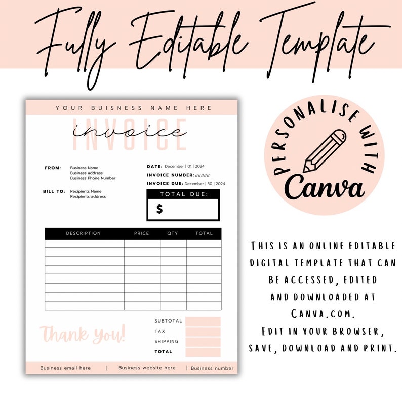 Invoice Template Editable, Small Business Custom Order Form Printable ...