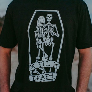 Til Death Cotton Black T-Shirt, 'Till death do us part' Super Soft Unisex Fit Tee, Men's Skeleton Wedding Shirt, Punk Engagement Clothing image 1